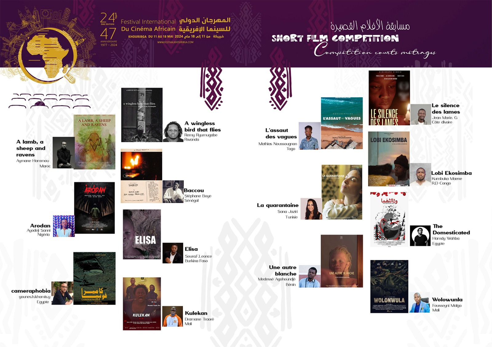 المهرجان الدولي 24 للسينما الإفريقية بخريبكة يسمي لجنتي تحكيم مسابقتي الأفلام الطويلة والأفلام القصيرة